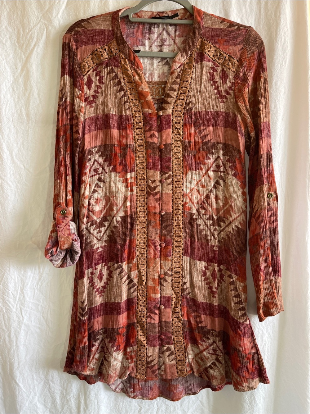 Blu Pepper Rust & Brown Aztec-Print Button Tunic Large